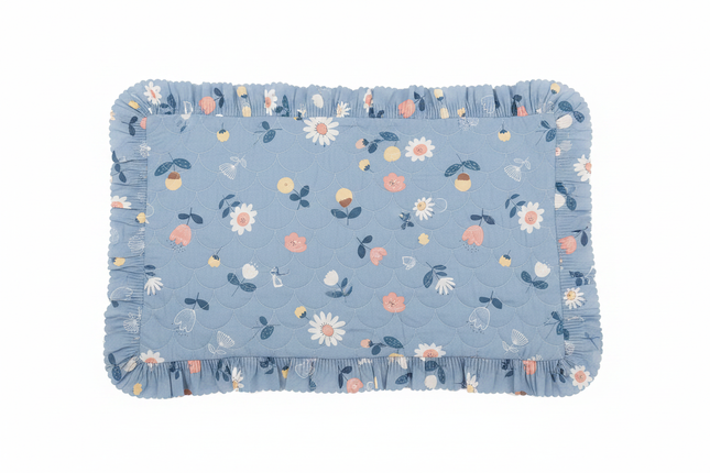 Blue Floral Quilted Pillowcase with Frills