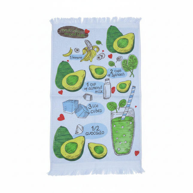 Avocado smoothie recipe kitchen towel flat lay
