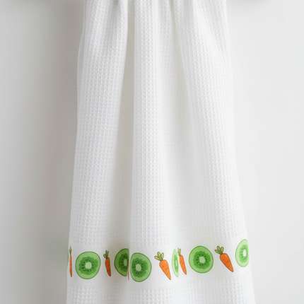 White waffle kitchen towel hanging on rack